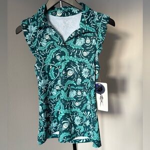 Gottex Teal Floral Peacock Garden Collared Top
